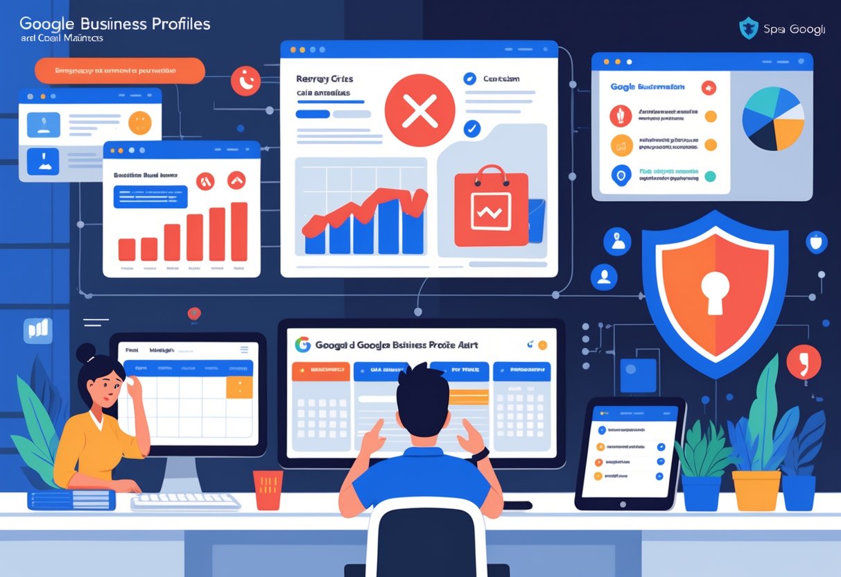 An illustration showing five different emergency situations affecting a local business's online profile, including negative reviews, incorrect information, missed updates, account suspension, and cyber security threats.