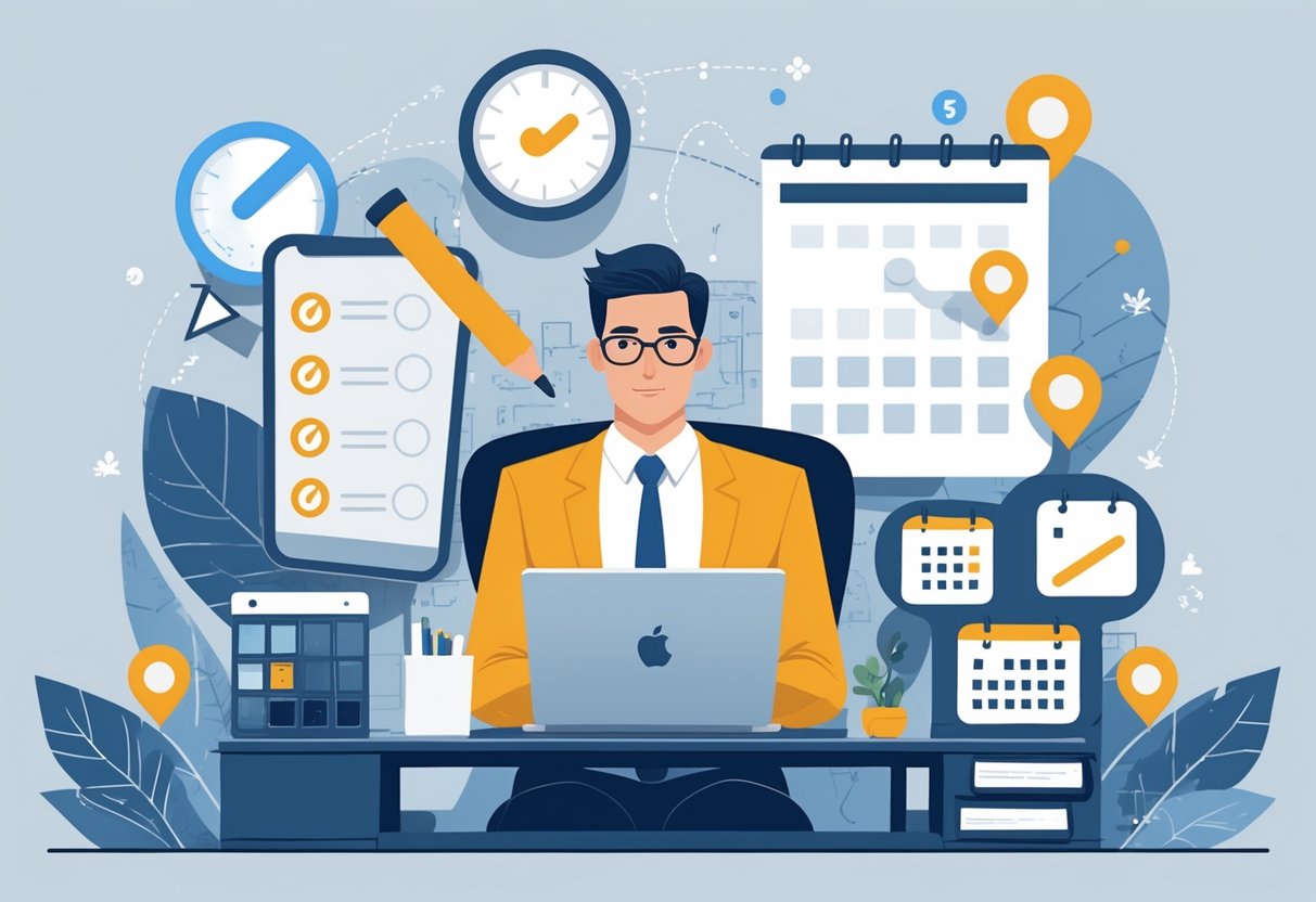 A business owner at a desk looking at a laptop showing a missing location pin, surrounded by icons of a checklist, clock, smartphone alerts, and calendar reminders.