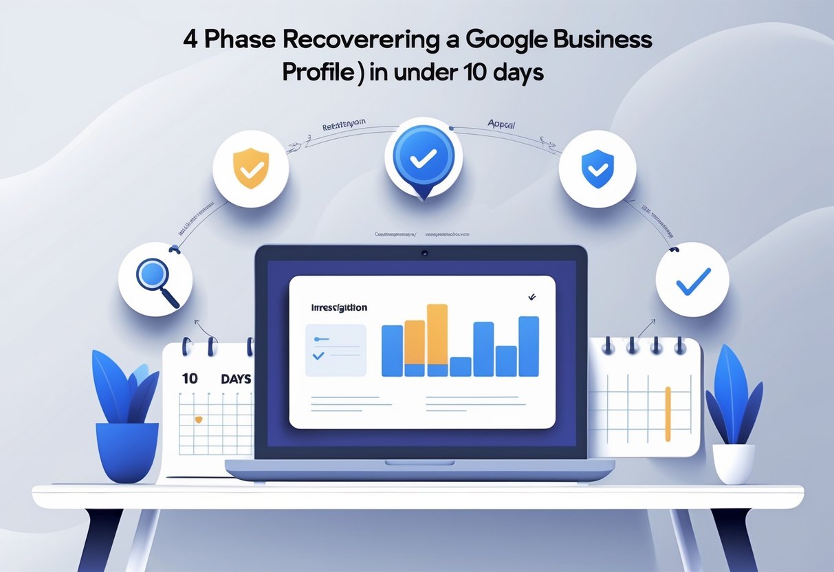 A desk with a laptop showing a Google Business Profile dashboard and four connected icons representing steps to recover a suspended profile, alongside a calendar highlighting a 10-day timeline.