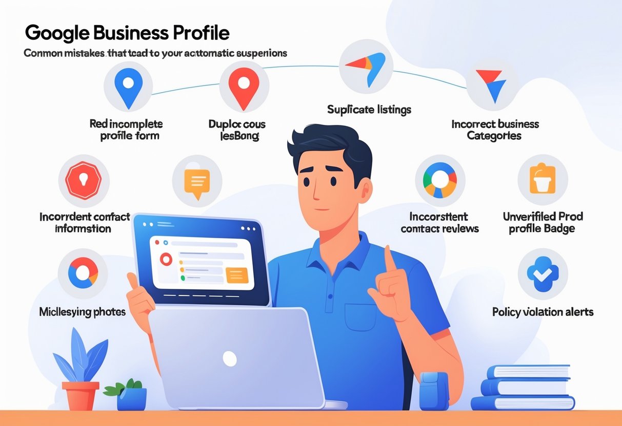 A business owner looking concerned while reviewing a digital dashboard with icons representing nine common mistakes that cause Google Business Profile suspensions, set in an office environment.