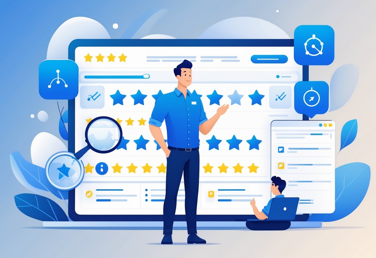 A business owner standing in front of a digital dashboard with star ratings and review icons, surrounded by symbols representing detection and protection against fake or harmful reviews.