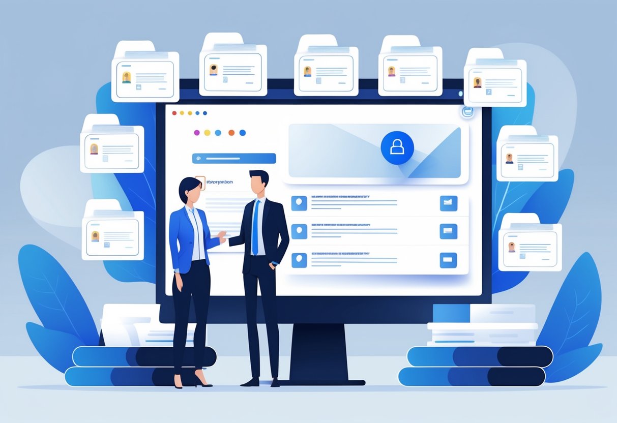 A business person stands beside a large digital screen showing a suspended Google listing icon, surrounded by twelve floating documents representing essential paperwork needed for recovery.