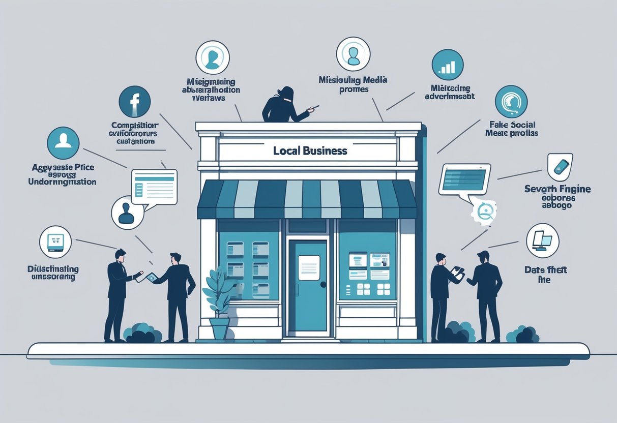 A local business storefront surrounded by seven symbolic scenes representing different competitor attacks like fake reviews, hacking, misleading ads, fake social media, search ranking sabotage, price undercutting, and data theft.