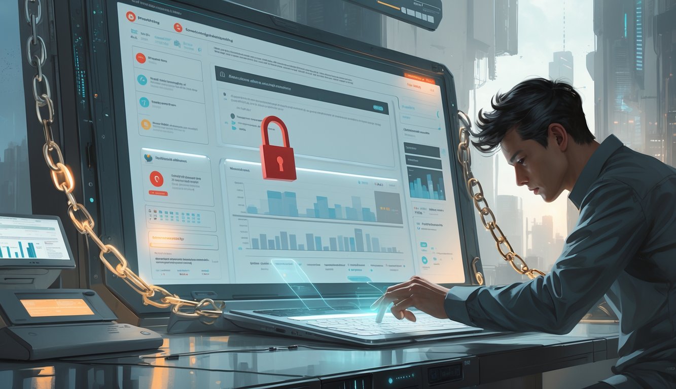 A person working on a futuristic digital interface with glowing chains locking part of the screen, symbolizing a suspended business profile being reinstated step-by-step.