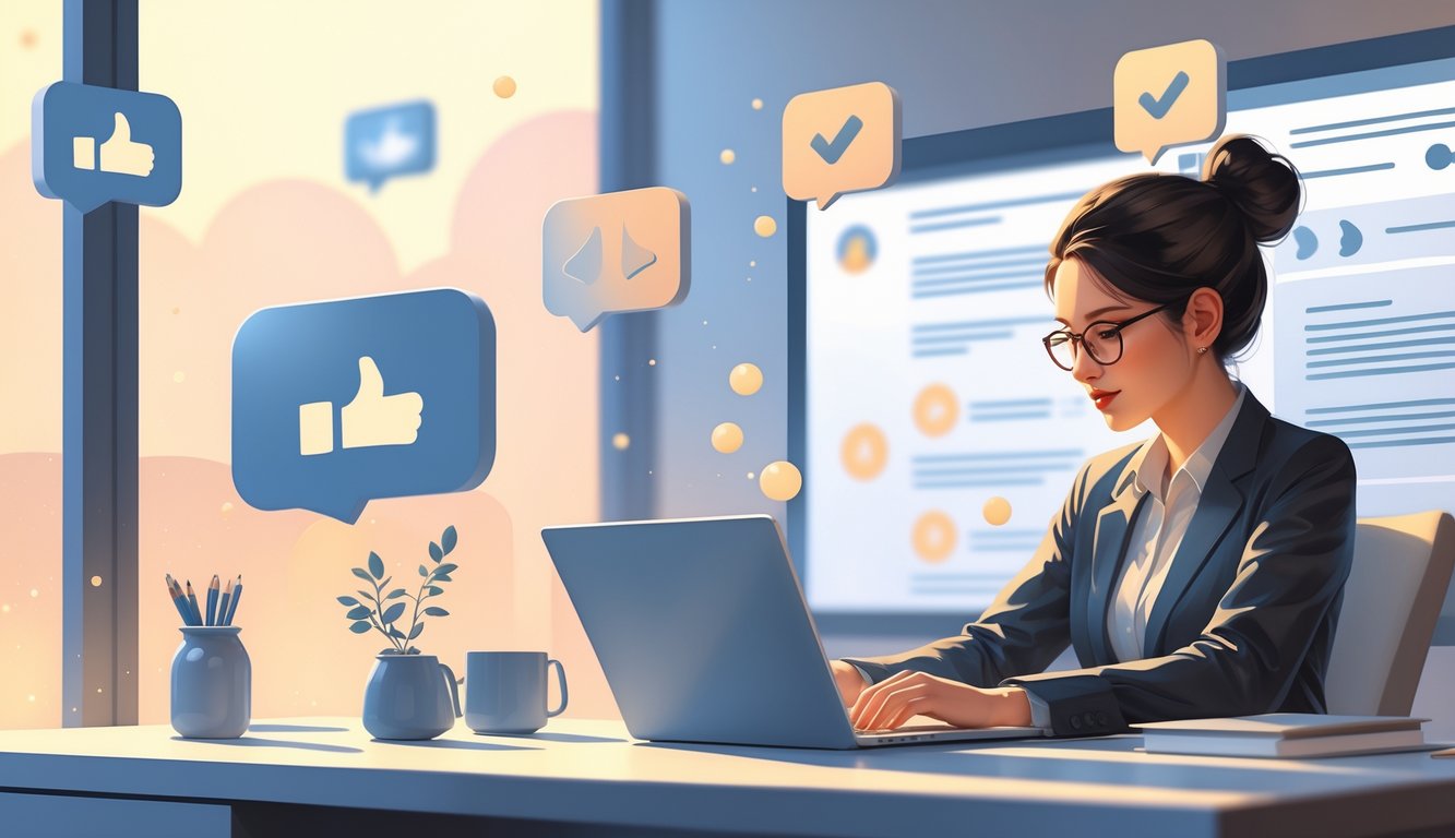 A person sitting at a desk, thoughtfully writing on a laptop surrounded by floating icons representing negative reviews in a calm workspace.