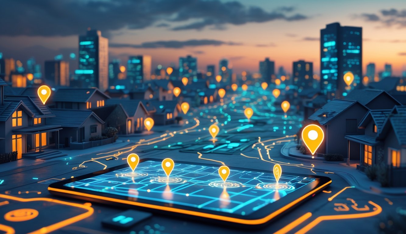 A digital cityscape at dusk with glowing nodes and pathways connecting homes, and a tablet displaying a map with highlighted service areas, symbolizing virtual business reach without a physical location.