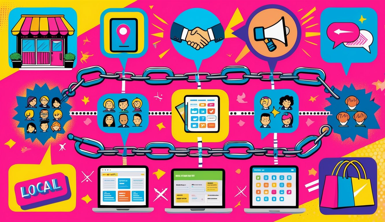 Colorful illustration showing ten different local business connections and opportunities represented by icons like a storefront, handshake, megaphone, smartphone, map, community group, laptop, calendar, shopping bag, and chain links all connected in a dynamic layout.