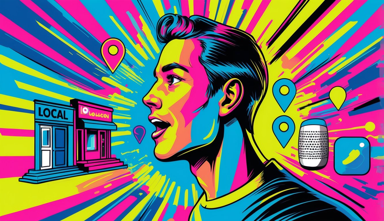A colorful illustration of a person speaking with sound waves radiating out toward local storefronts, location pins, and digital devices like smartphones and smart speakers.