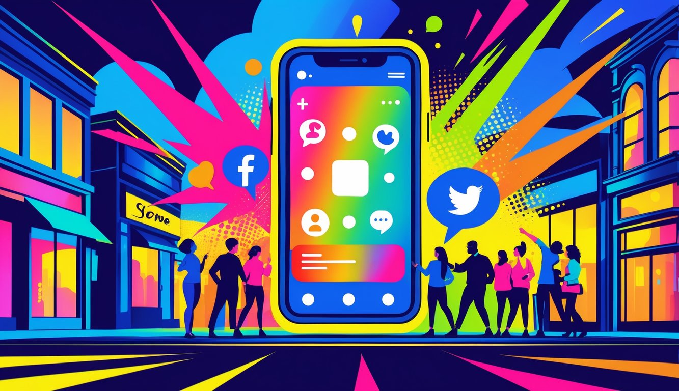 A colorful city scene with local shops and people gathered around a large glowing smartphone displaying social media icons.