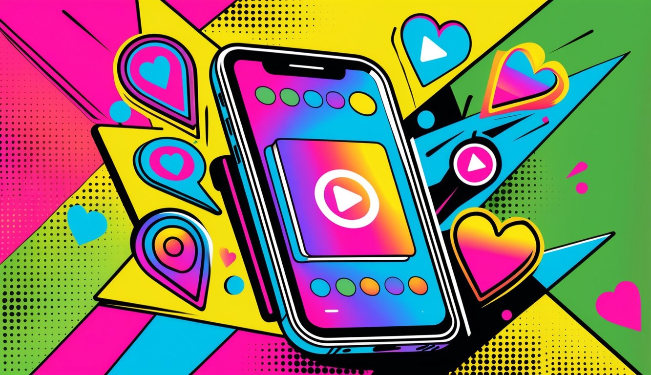 A colorful illustration showing a smartphone with a glowing play icon surrounded by hearts, speech bubbles, and location pins.