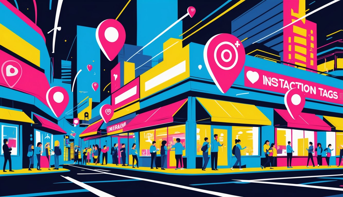 A colorful city street with people using smartphones and glowing location pins above shops, showing connection and discovery.