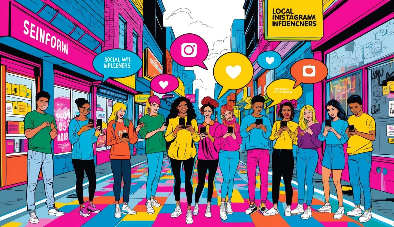 A lively scene of diverse young people using smartphones together on a city street with colorful buildings and social media icons around them.