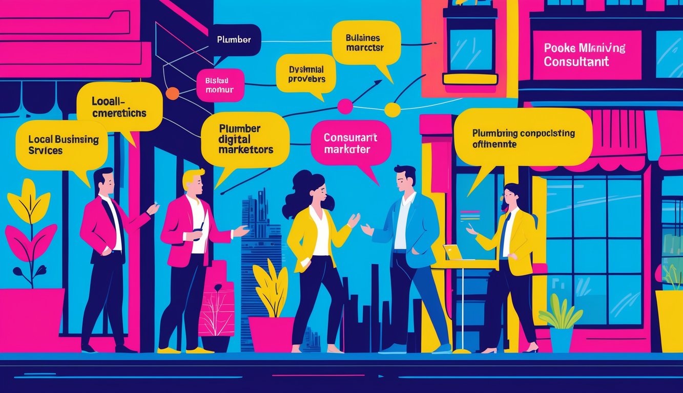 A colorful scene showing local business professionals talking and connecting in a city setting, with bright buildings and abstract lines representing networking.