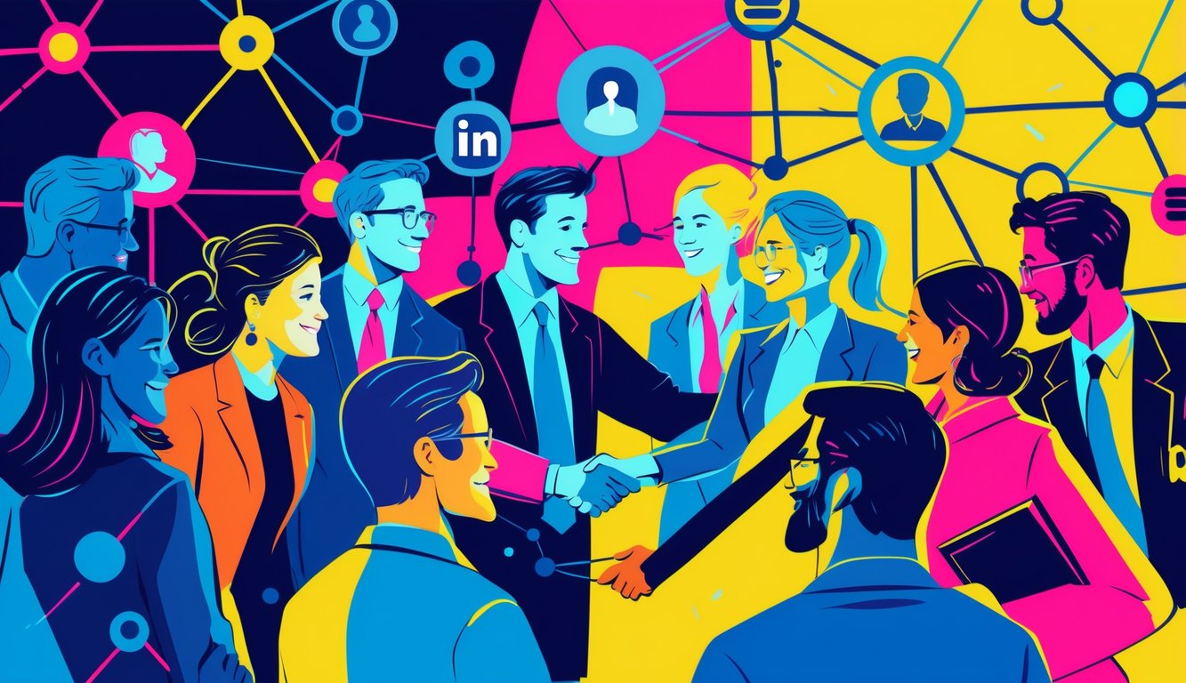 A colorful scene showing diverse professionals shaking hands and connecting with each other through glowing network lines and icons.