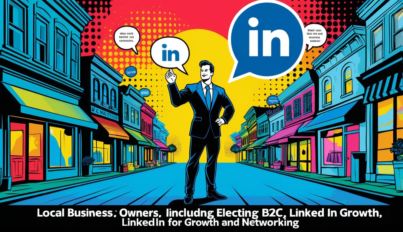 A confident local business owner stands in front of small shops with a glowing LinkedIn icon nearby, surrounded by bright, bold colors and abstract shapes suggesting communication and connection.