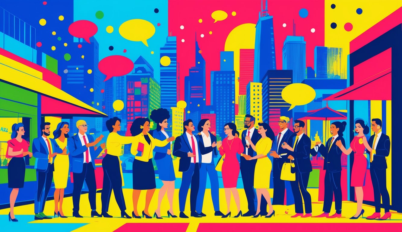A colorful city scene showing business owners meeting and interacting at a local event, surrounded by tall buildings and lively surroundings.