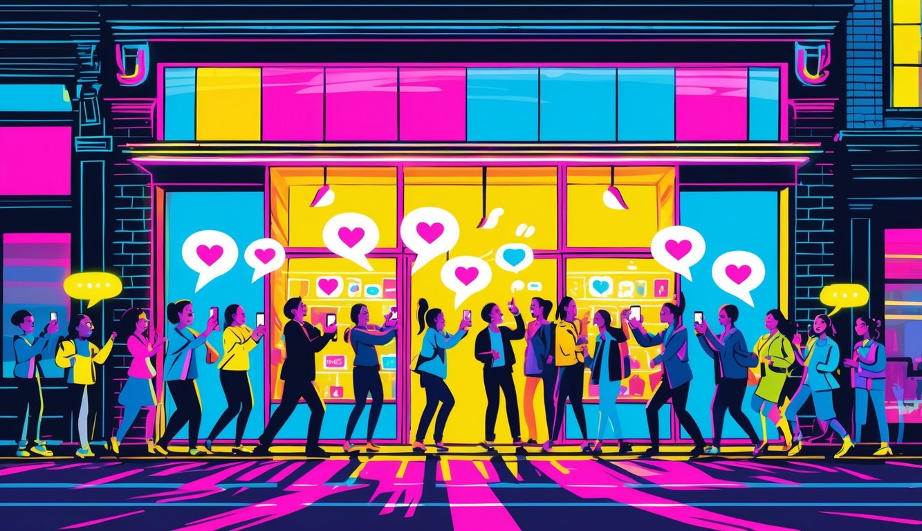 A colorful scene showing people outside a busy store holding smartphones with social media icons above them, indicating online engagement drawing customers inside.