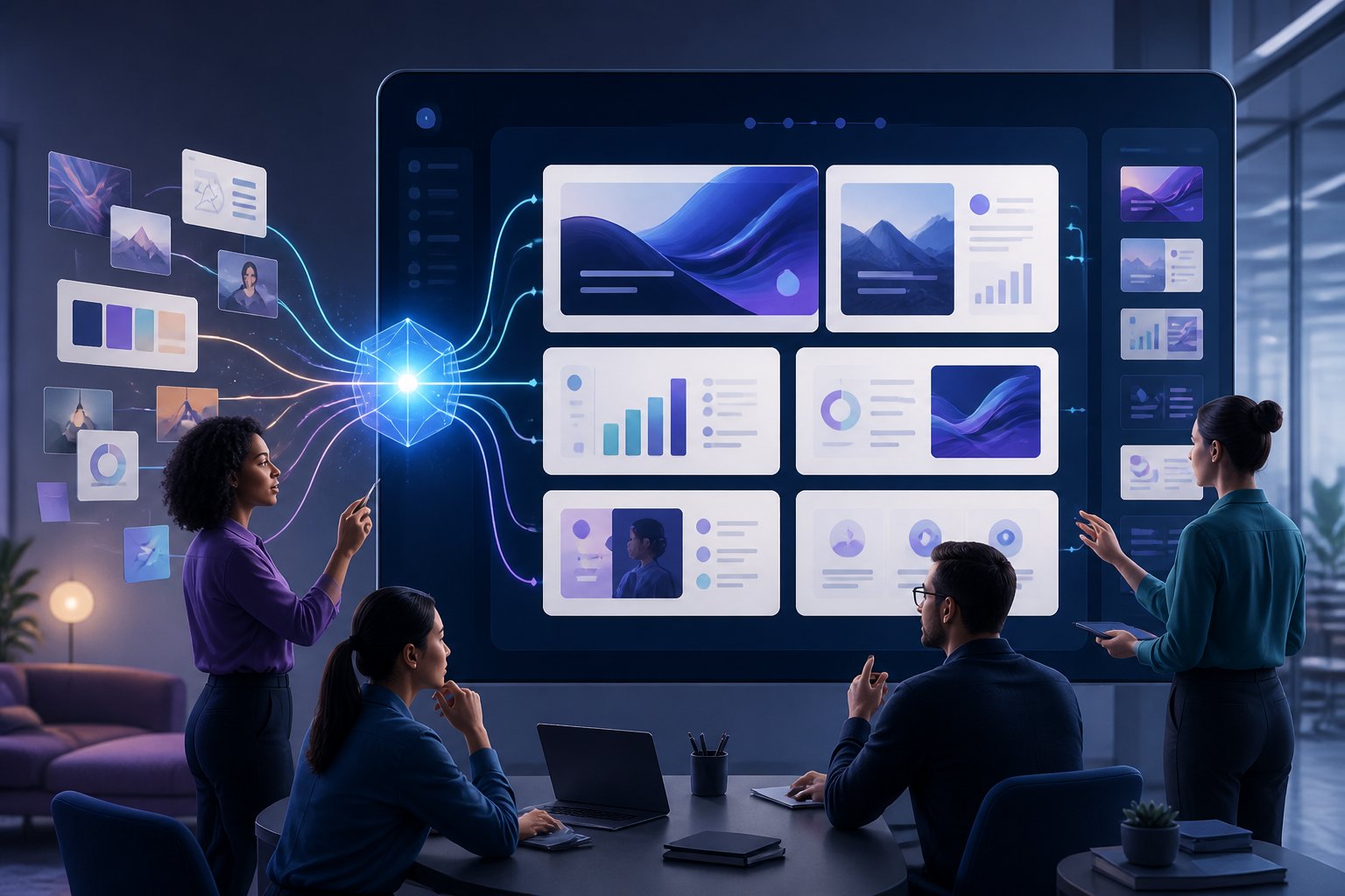 A diverse agency team collaborates around a digital display showing an AI-assisted presentation being assembled from ideas into organized slides.