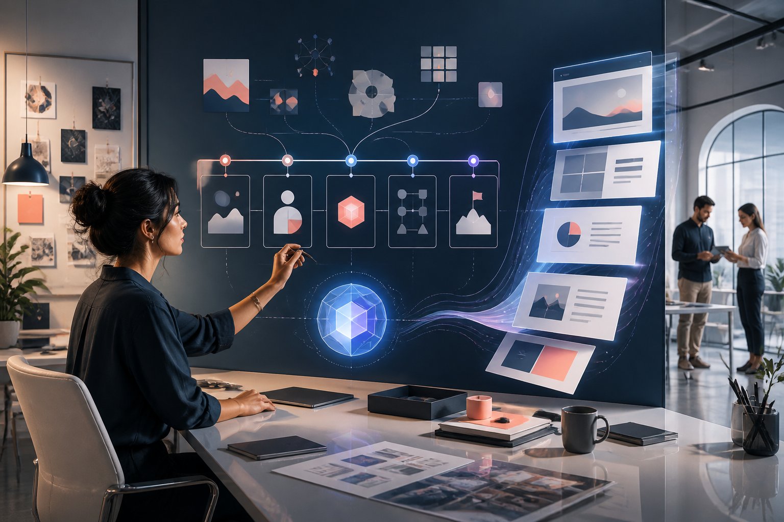 An agency strategist organizes ideas into a clear pitch narrative while an AI assistant helps shape them into presentation layouts.