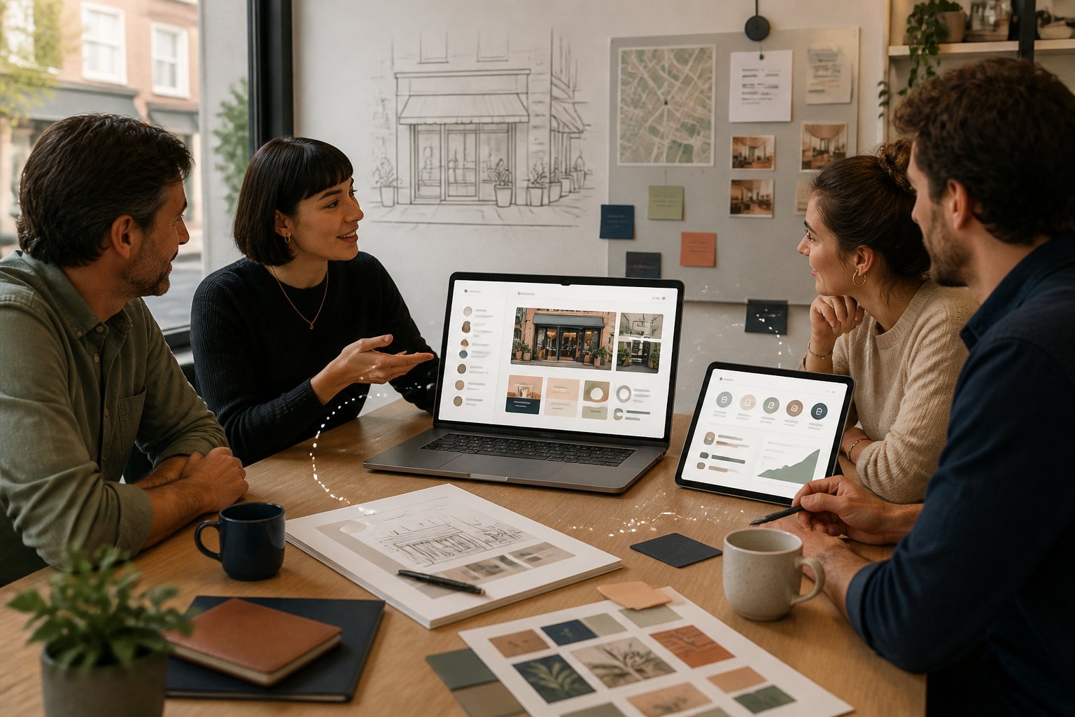 A local business owner and agency team review an interactive proposal on digital devices beside a printed document.