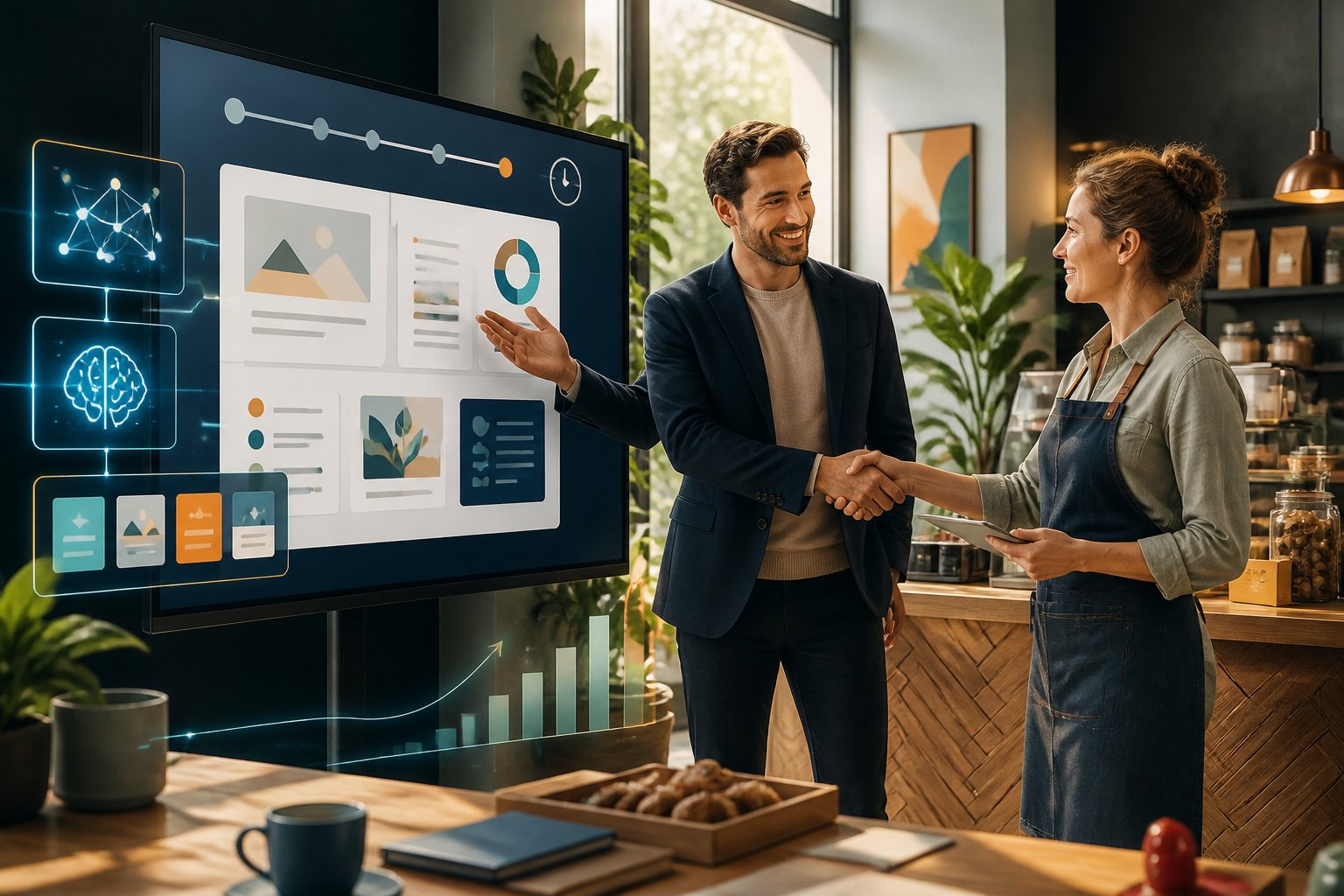 A consultant presents an AI-assisted pitch to a local business owner in a welcoming shop while abstract presentation graphics appear on a large display.