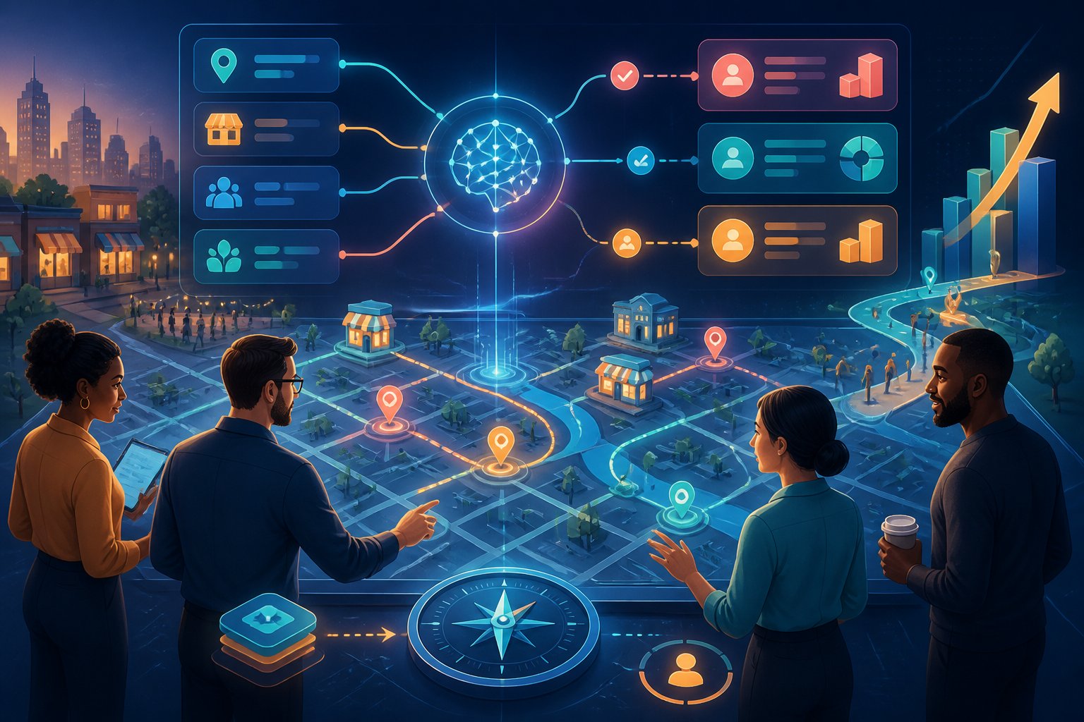 A small-business team explores an interactive glowing map connecting local businesses, customers, and growth opportunities.