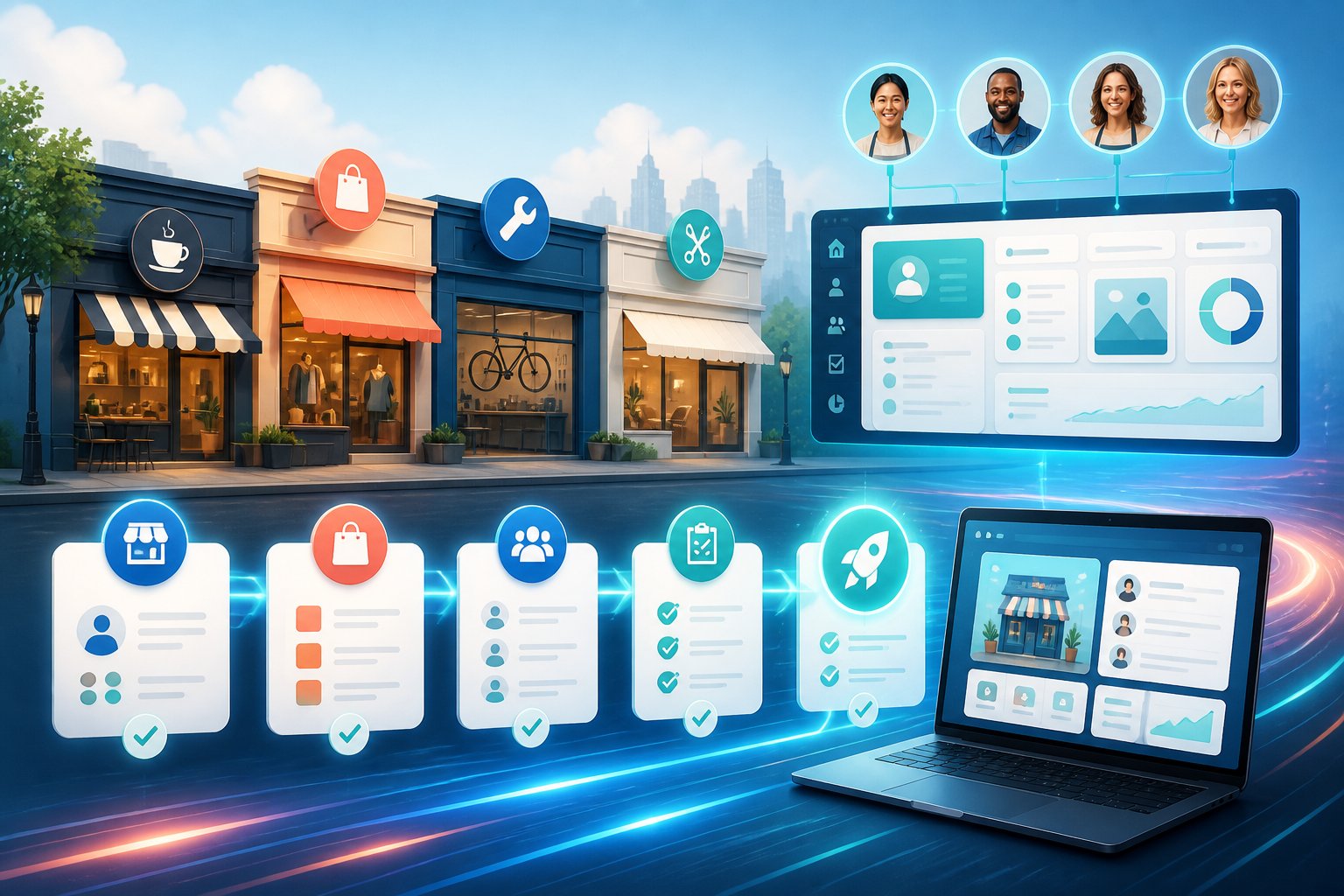A digital onboarding workflow connects several local businesses to a completed online portal.