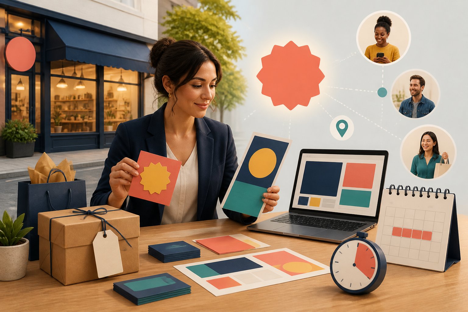 A small-business marketer prepares a limited-time promotion beside a local storefront, using blank presentation cards, product packages, and a calendar.