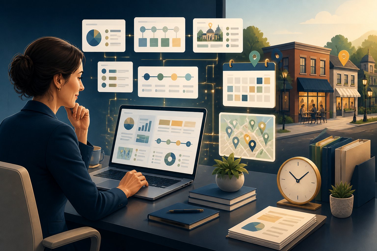 A consultant uses an AI-assisted laptop to organize local business strategy materials while automated charts, maps, and schedules float around the workspace.