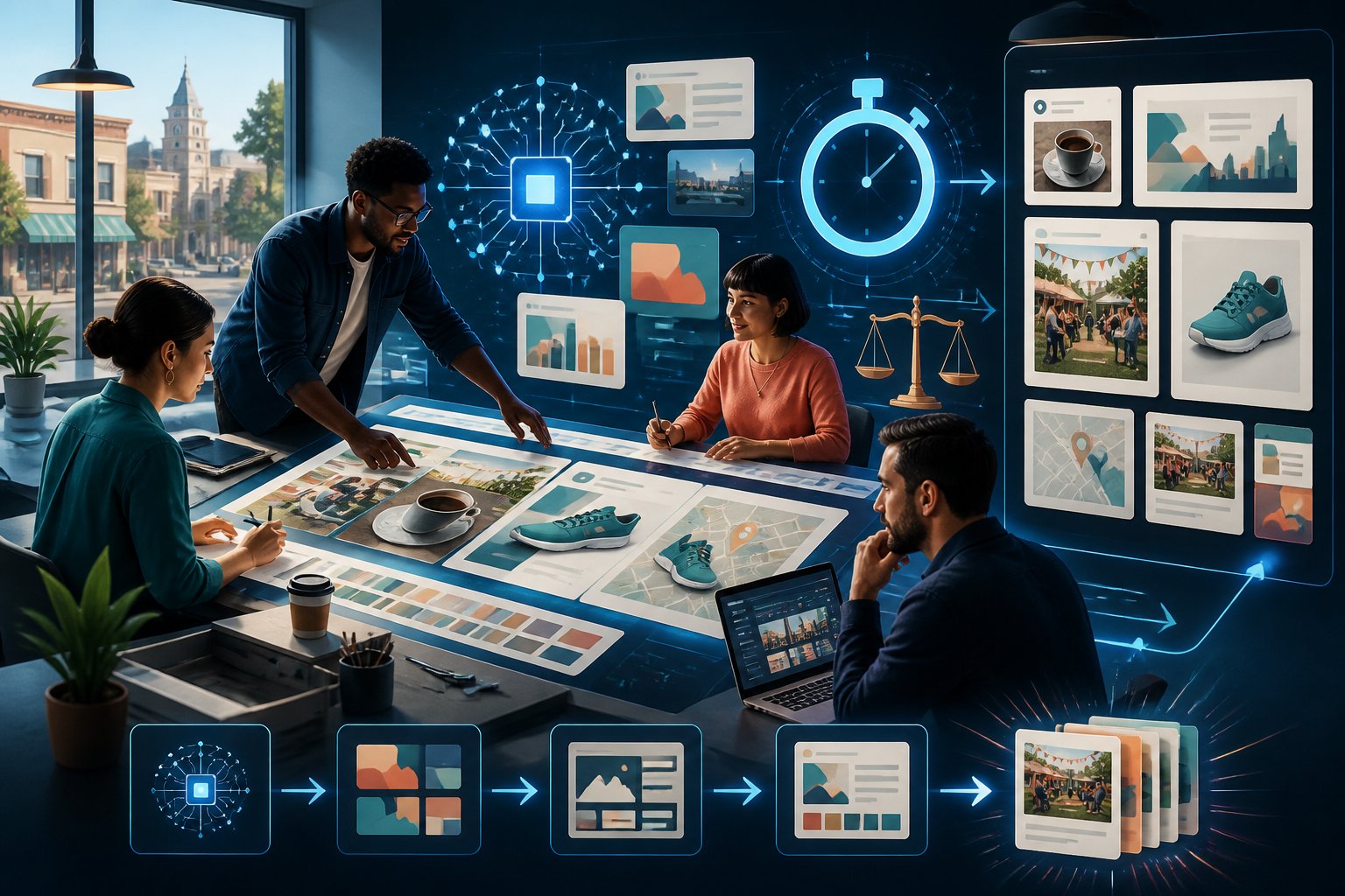 A creative agency team collaborates around digital screens while rapidly organizing AI-assisted marketing assets for local businesses.