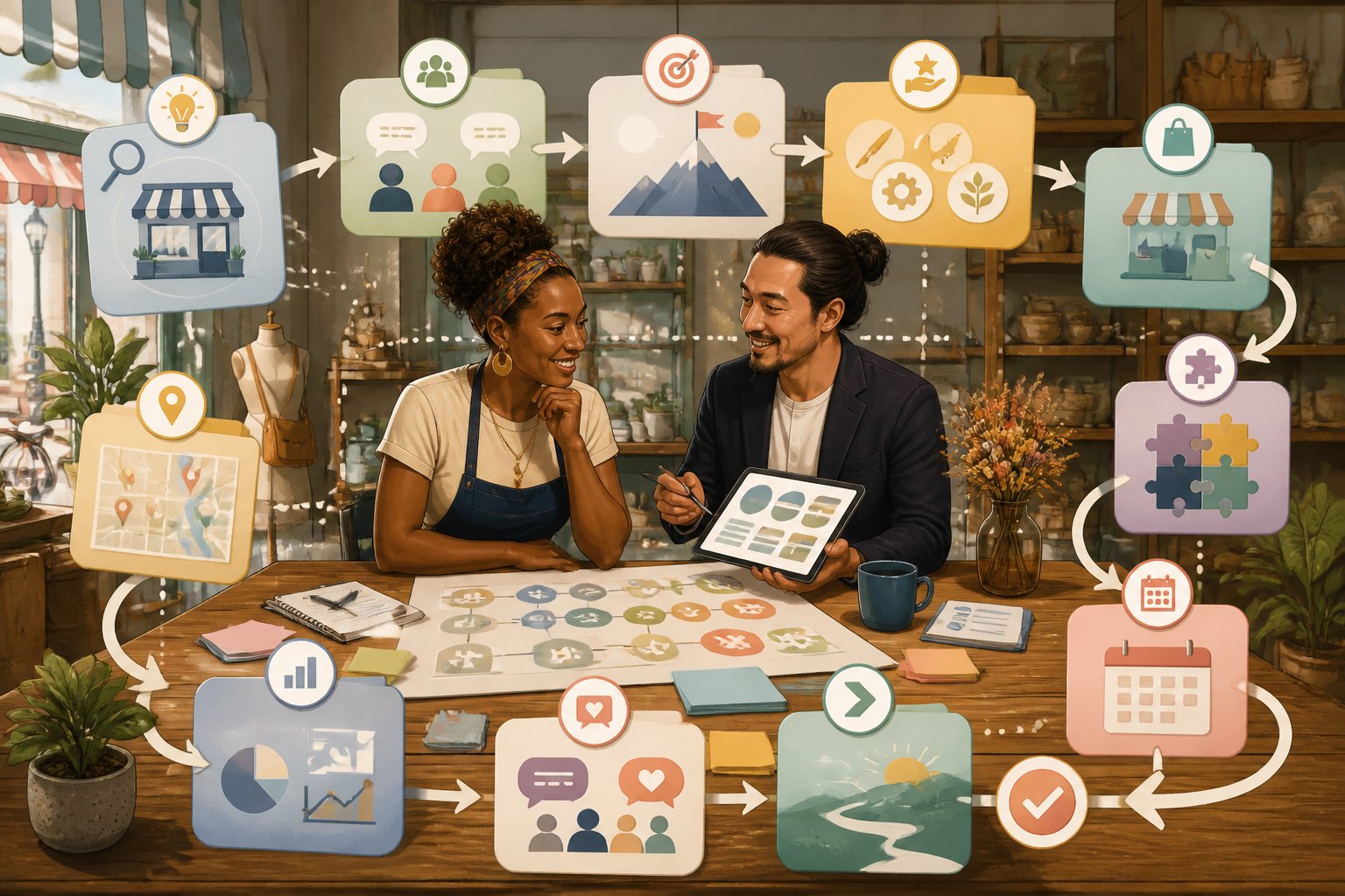 A small-business owner and consultant explore a branching visual onboarding journey around a neighborhood shop workspace.