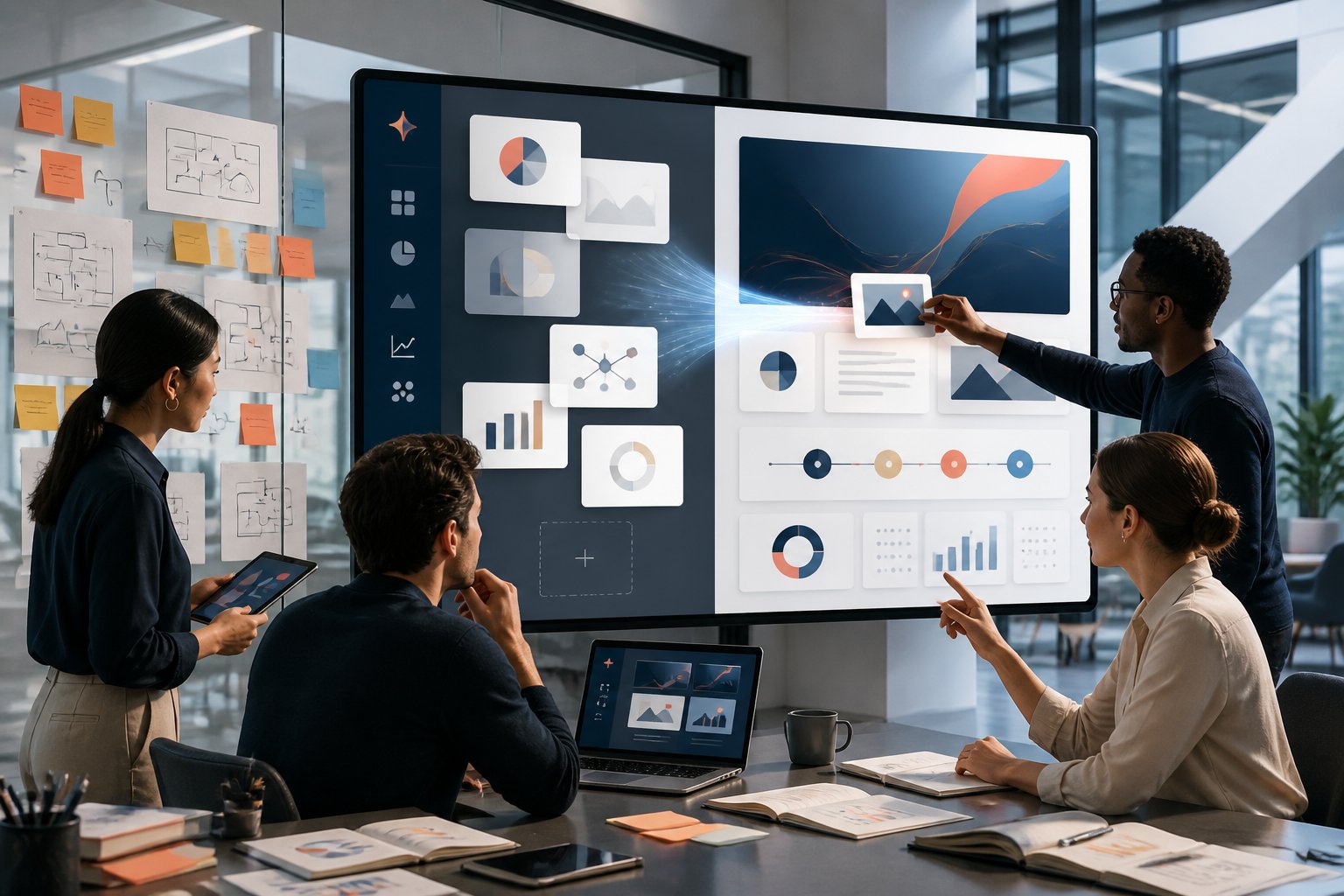 Consultants collaborate in a modern workspace while turning scattered ideas into a polished presentation on a large digital display.