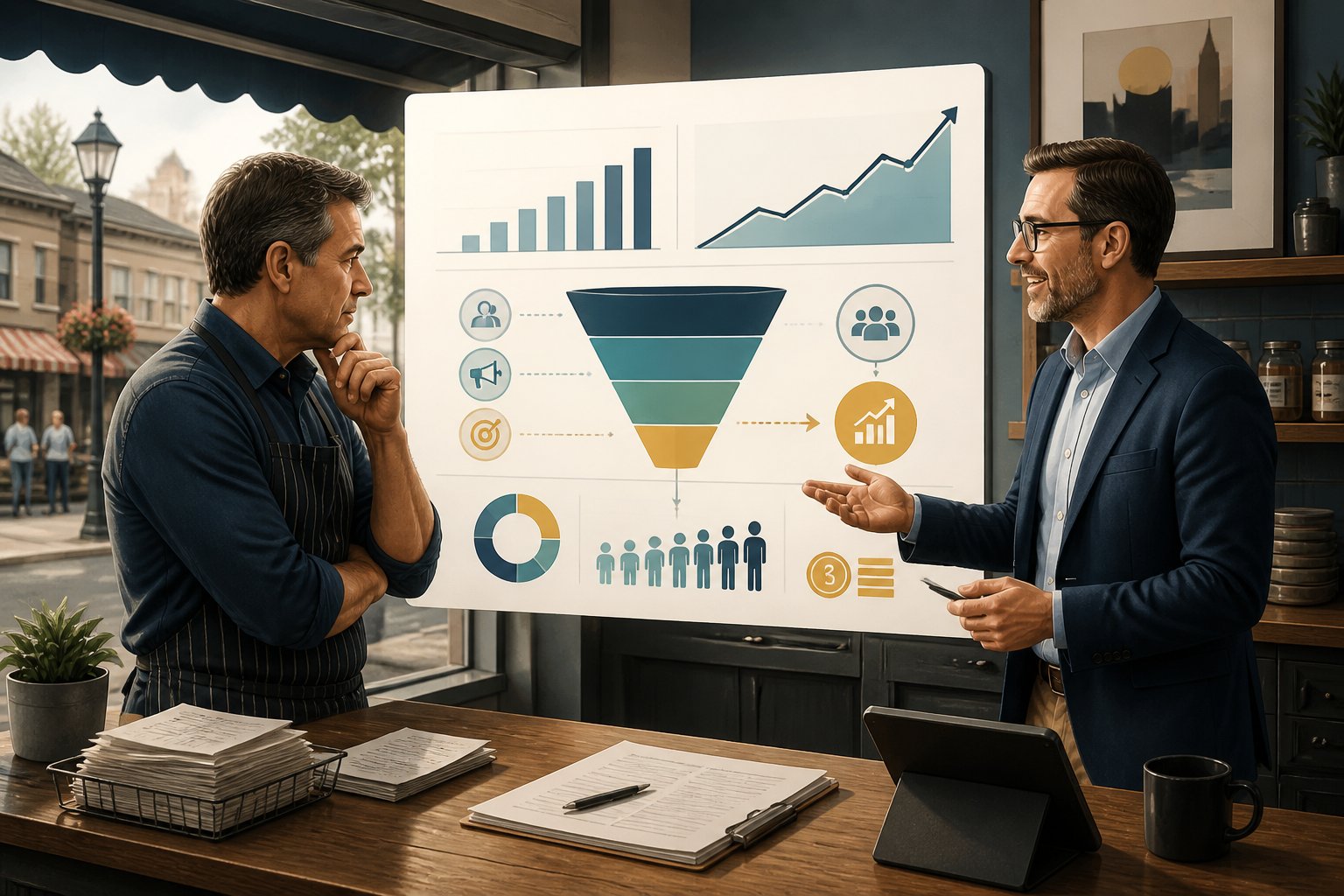 A business advisor shows a skeptical local shop owner visual charts of investment and business growth.