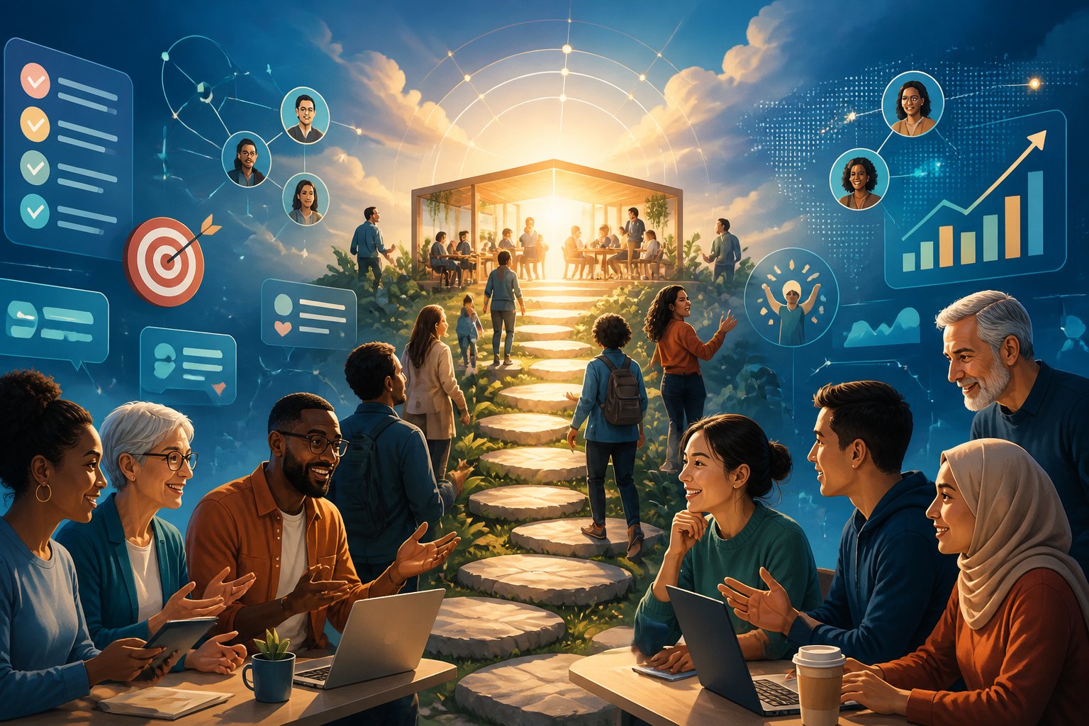 A diverse group of people collaborates along an upward path toward a welcoming shared hub.