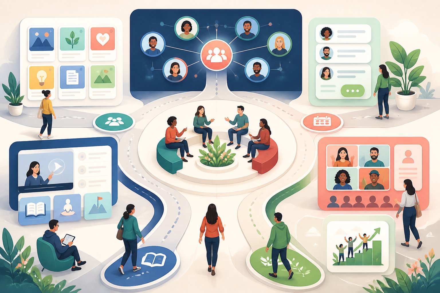 A diverse group of people navigating an organized digital community hub with learning areas, discussions, events, and connected pathways.