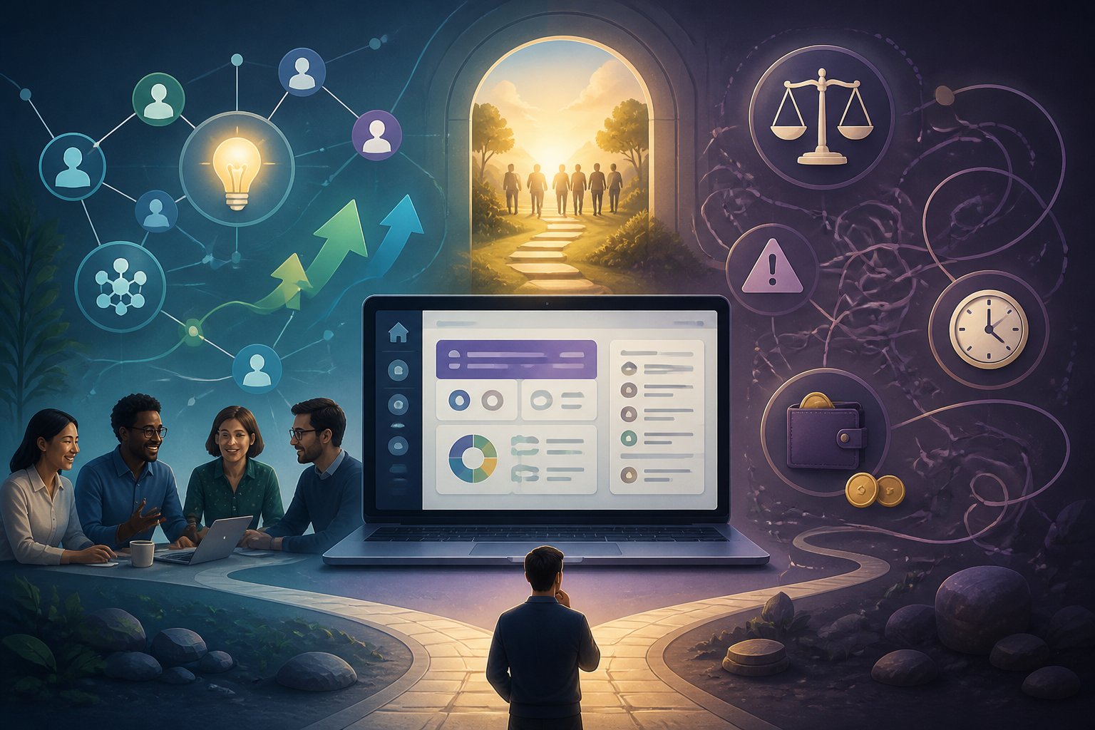A professional illustration showing a person weighing the benefits, costs, effort, and opportunities of an online learning community.