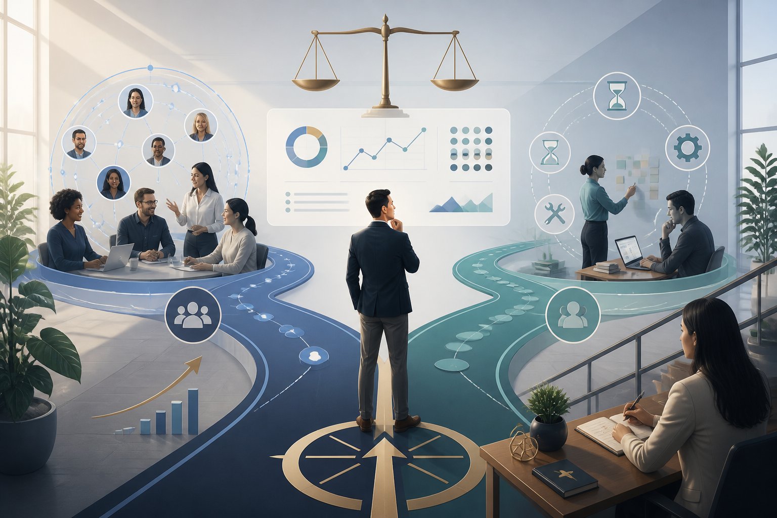 A consultant evaluates two paths representing the benefits and trade-offs of building an online professional community.