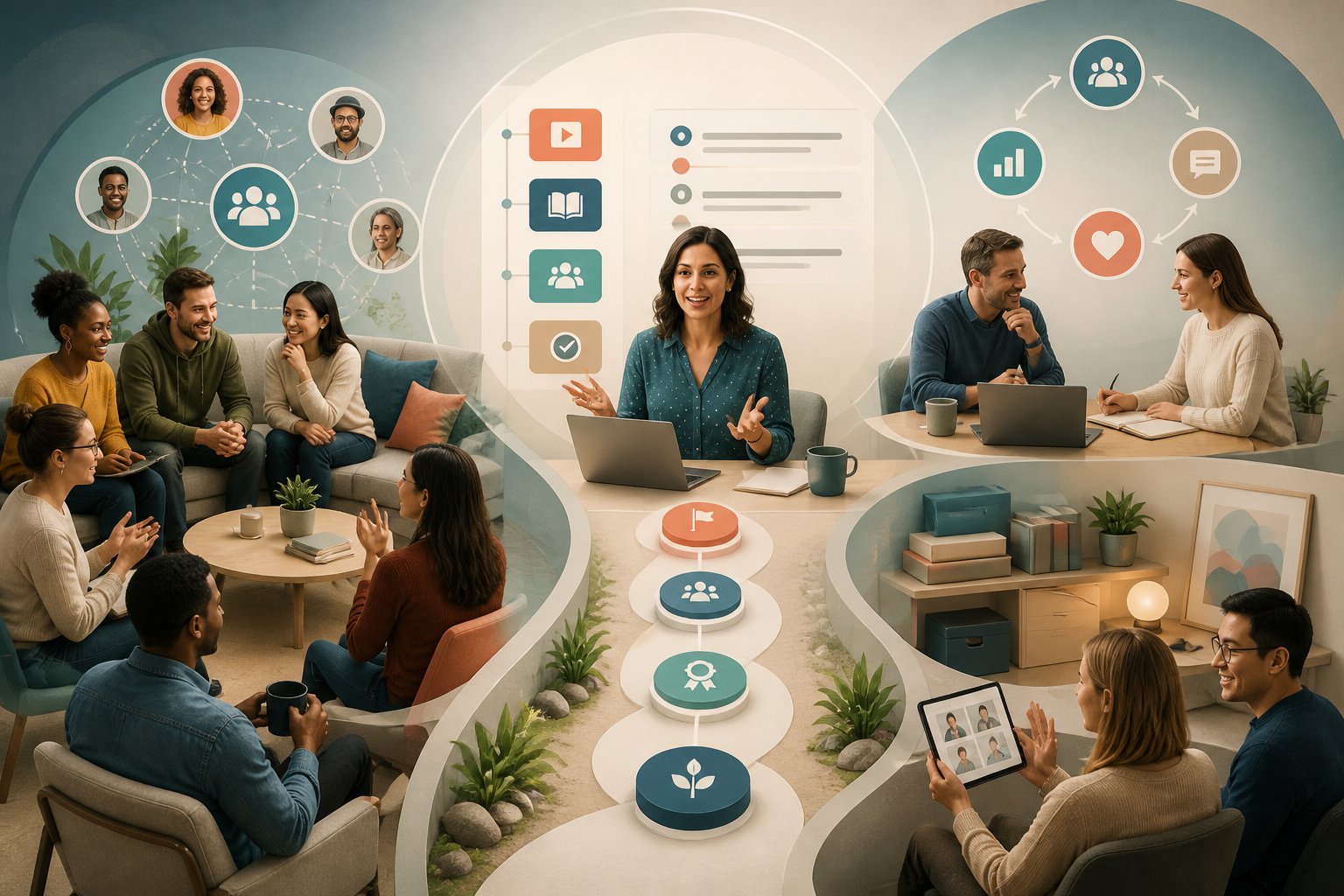 A diverse group of educators and clients collaborate in an organized online learning community with shared resources, milestones, and ongoing support.