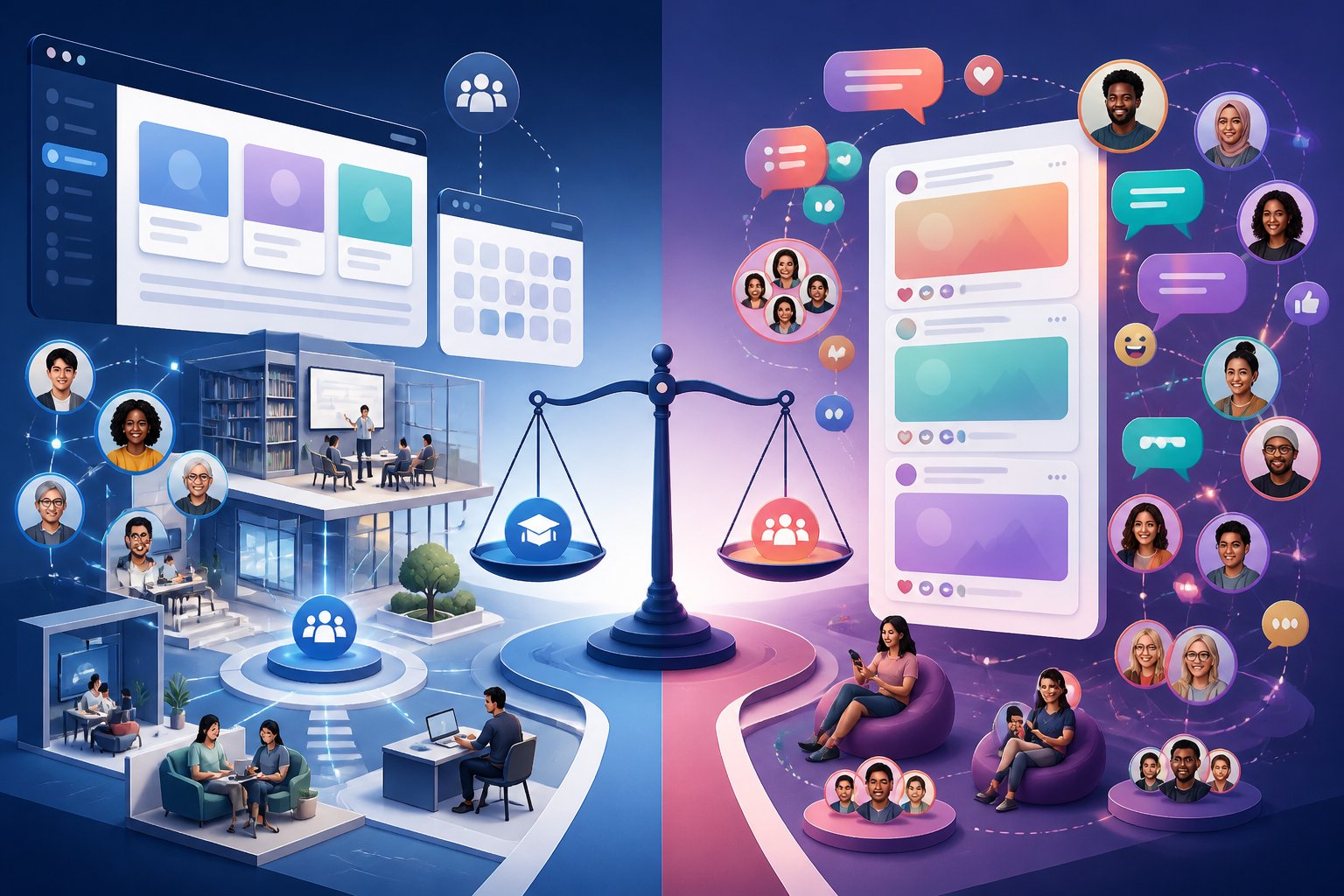 A balanced comparison between a structured digital learning community and a lively social discussion network.