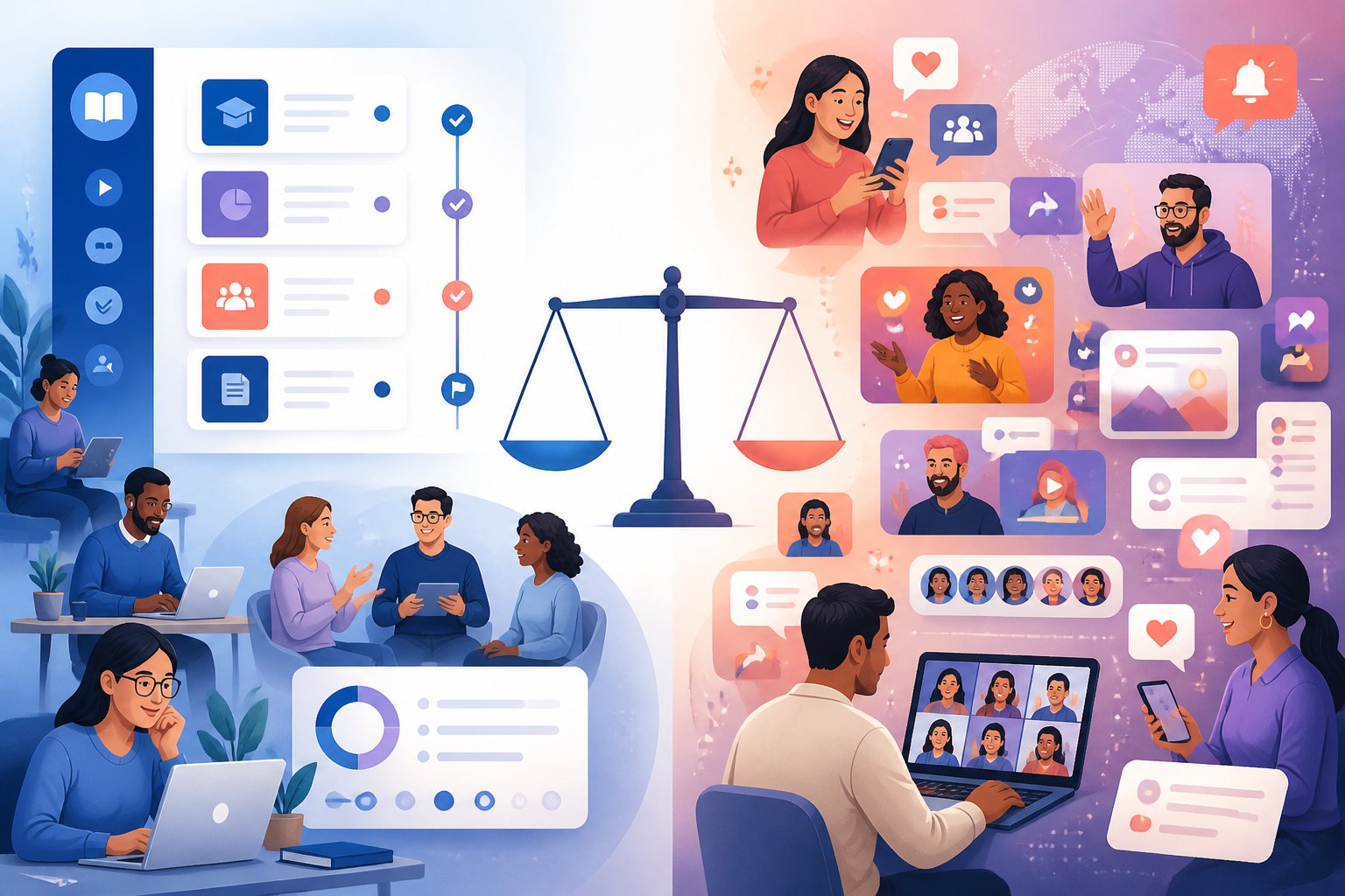 A professional comparison illustration showing an organized learning community on one side and a lively social discussion community on the other.