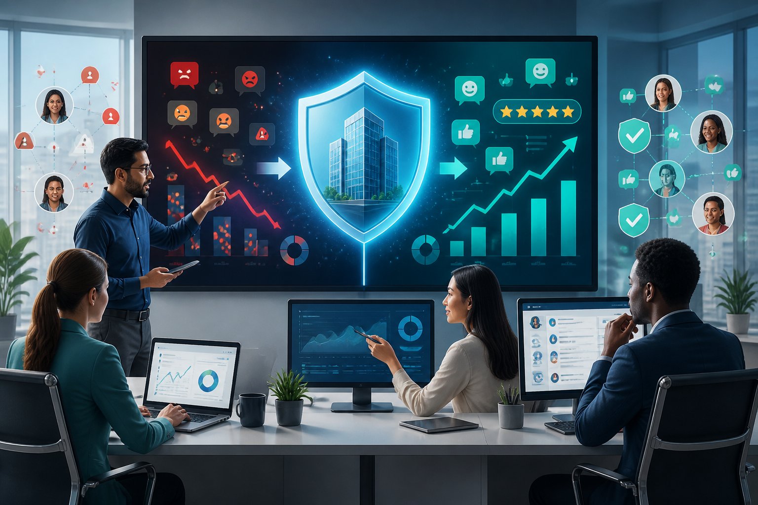 A team of consultants improves a company's online reputation using review monitoring, customer feedback, and positive performance indicators.