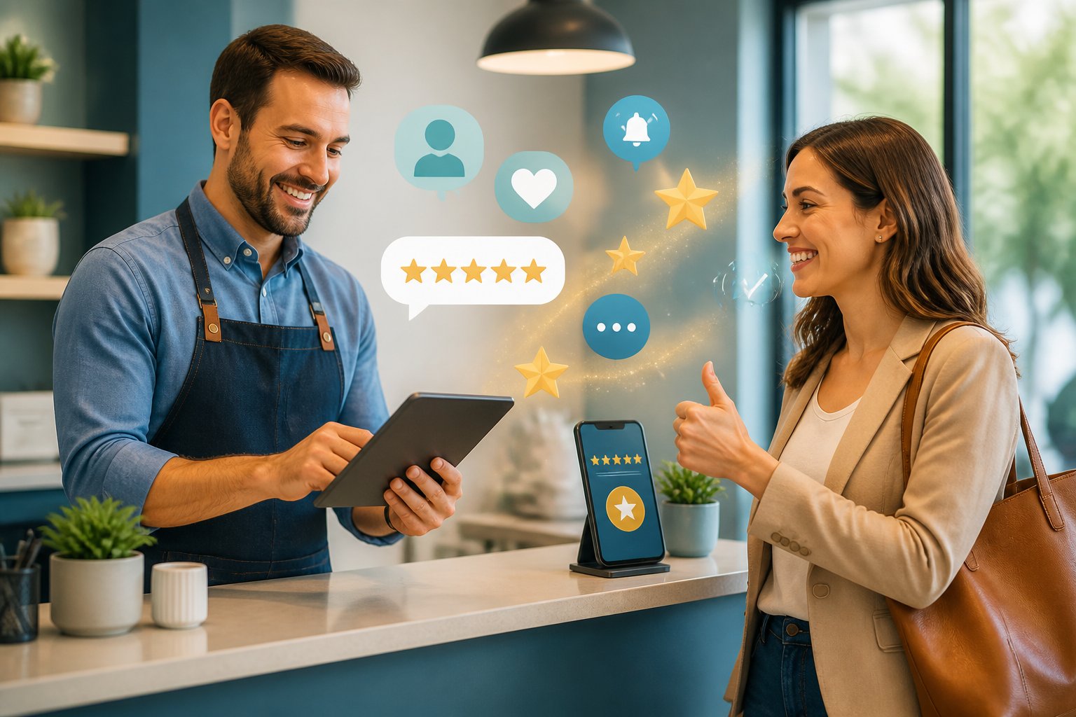 A business owner helps a satisfied customer leave a positive review using a smartphone and tablet.