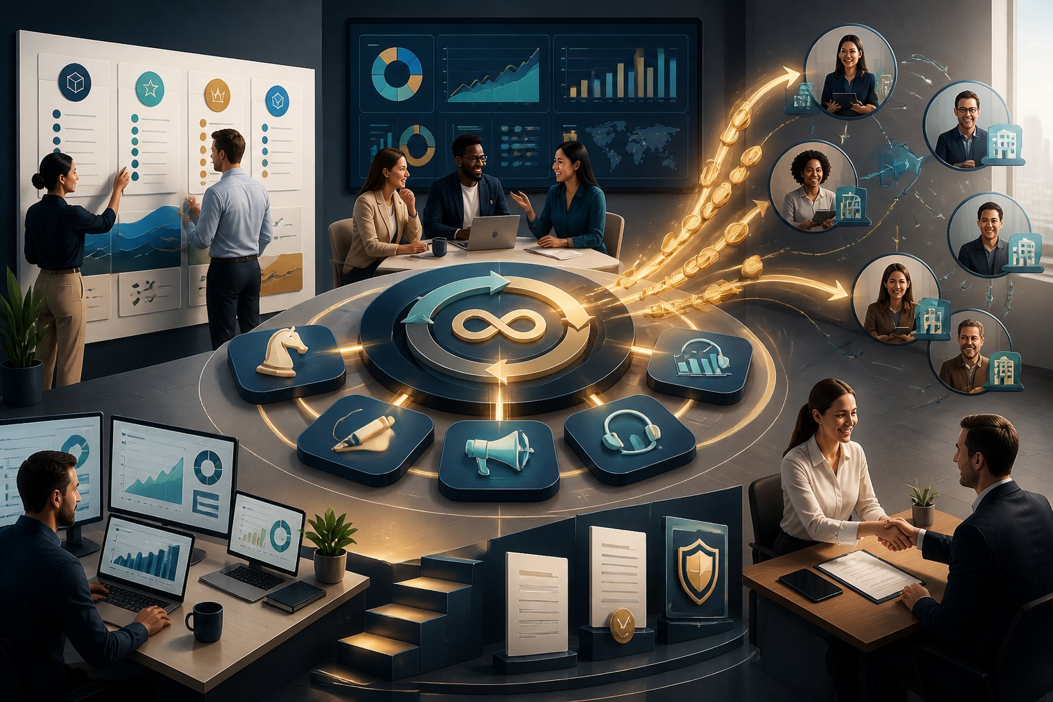A marketing agency team builds a repeating revenue cycle through connected services, loyal clients, and steady business growth.