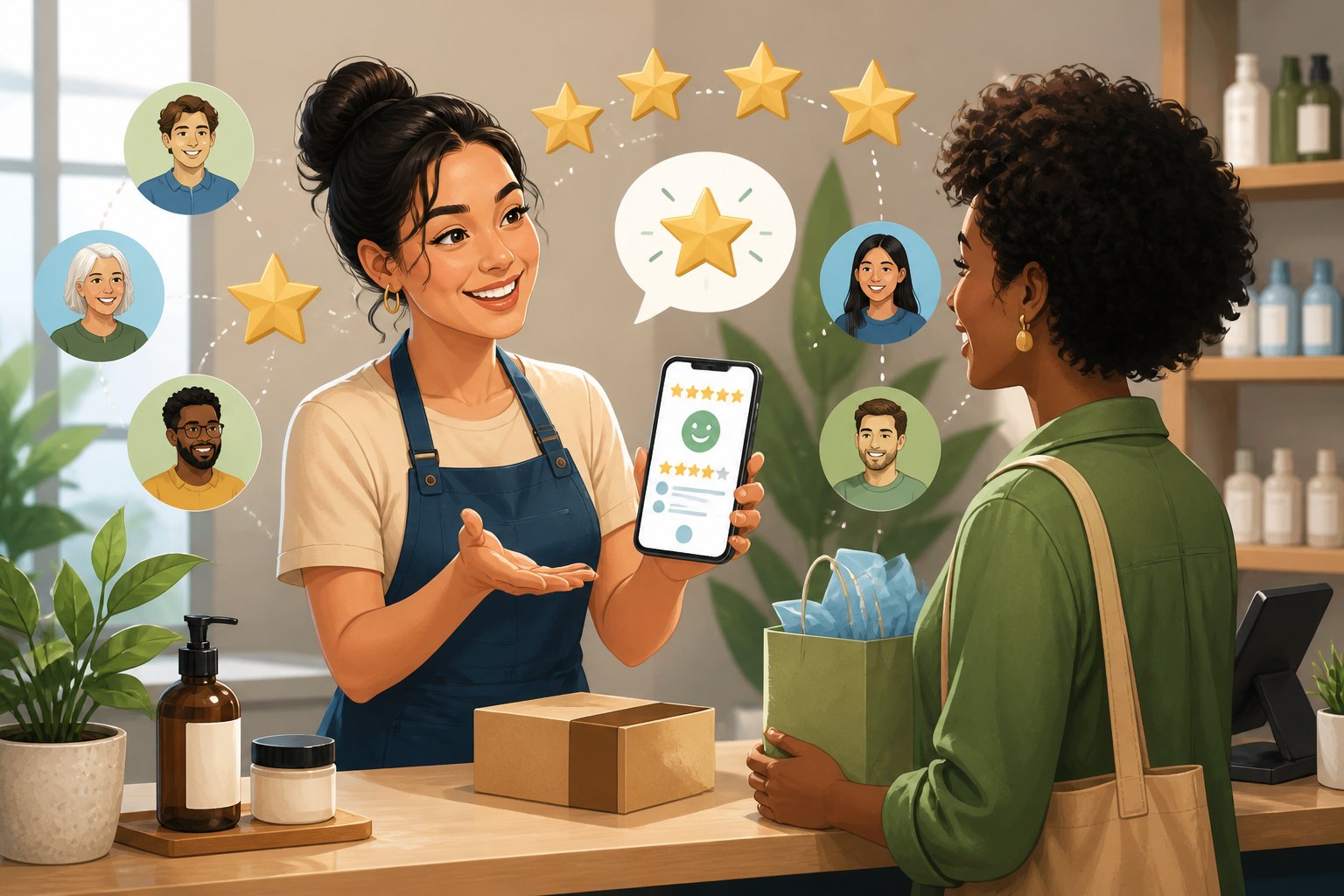 A business owner thanks a satisfied customer while a smartphone shows star ratings and other customers share positive feedback.