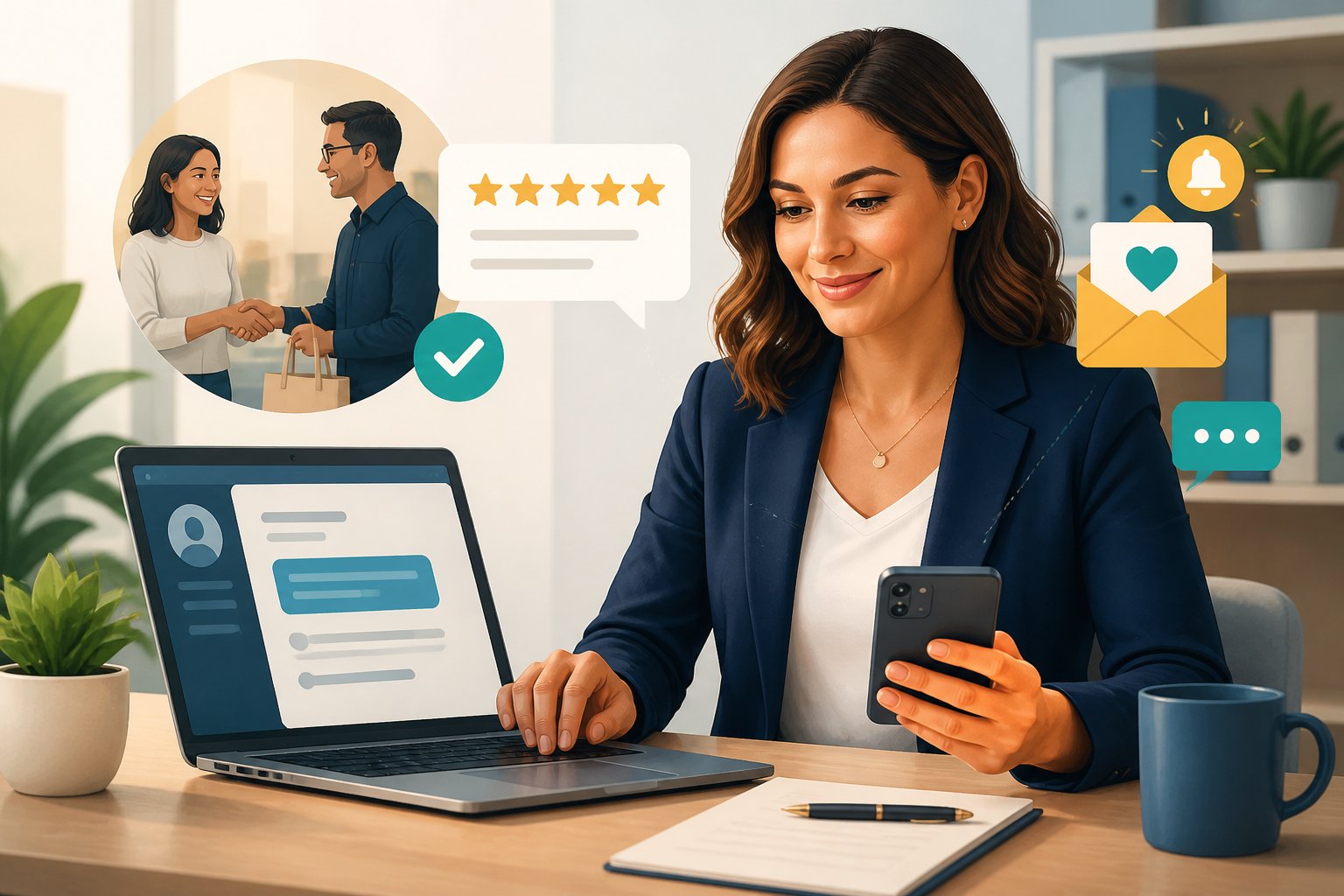 A business professional prepares a follow-up message on a laptop and smartphone while inviting a customer to share feedback.